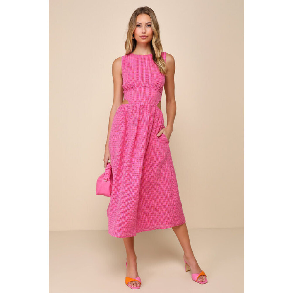Lulus Charm And Confidence Hot Pink Cutout Midi Dress With Pockets - Size L
